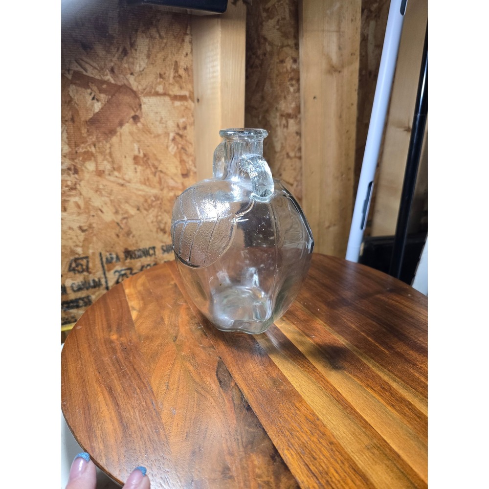 Vintage Clear Glass Apple Shaped Decorative Jug Double Handle Leaf Embossed 7in